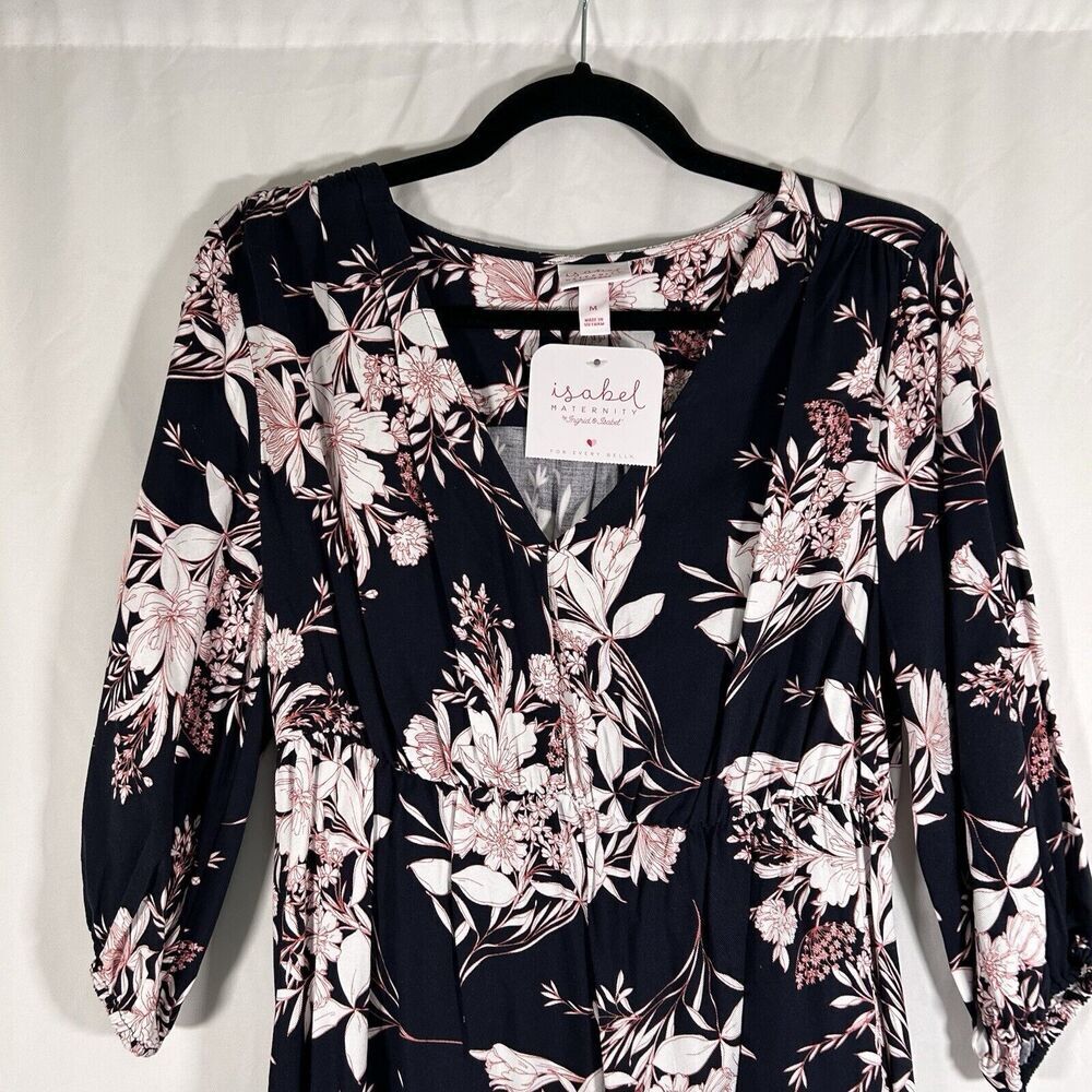 New Isabel Maternity Dress Women's Medium Blue Floral 3/4 Sleeve Vneck - Picture 2 of 9